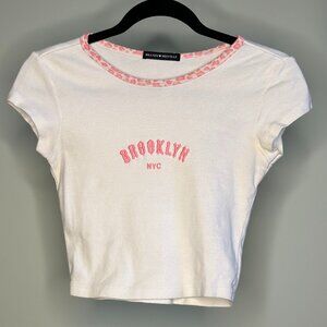 Brandy Melville Embroidered Brooklyn White and Pink Cheetah Crop Top